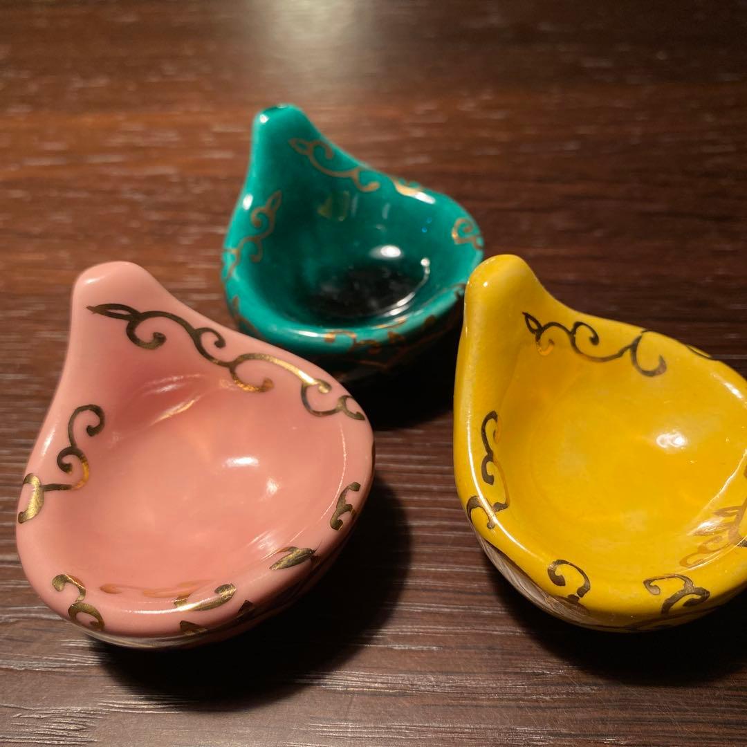 珍味入れ京焼　金唐草柄ちぎりもち緑交趾　黄交趾　ピンク3色　2セット 6個