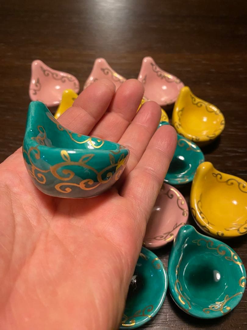 珍味入れ京焼　金唐草柄ちぎりもち緑交趾　黄交趾　ピンク3色　2セット 6個