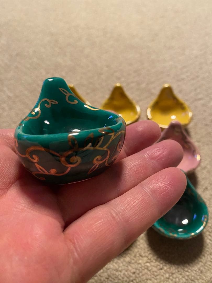 珍味入れ京焼　金唐草柄ちぎりもち緑交趾　黄交趾　ピンク3色　2セット 6個