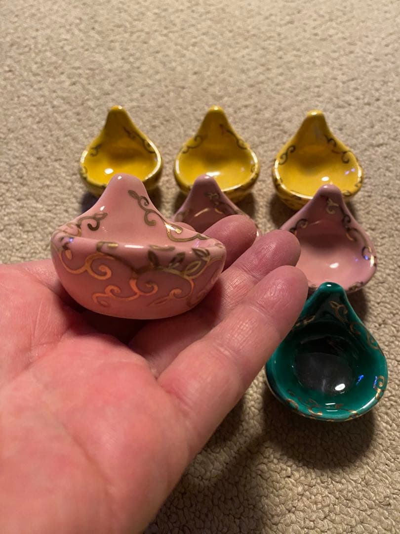 珍味入れ京焼　金唐草柄ちぎりもち緑交趾　黄交趾　ピンク3色　2セット 6個