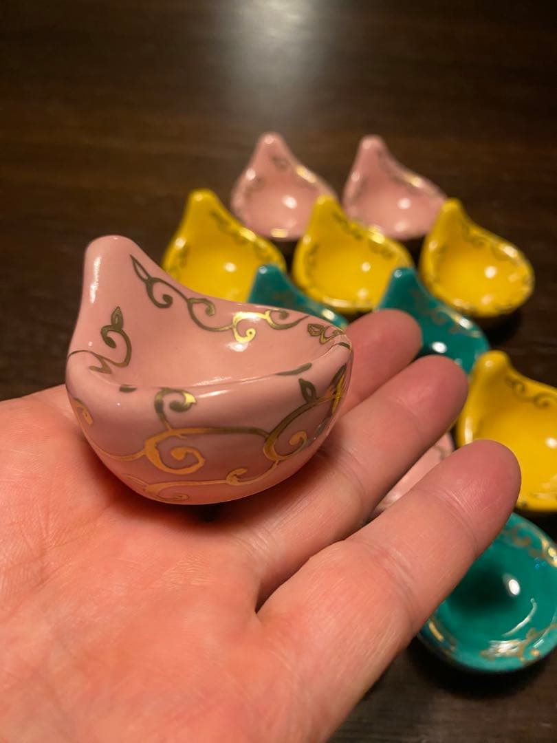 珍味入れ京焼　金唐草柄ちぎりもち緑交趾　黄交趾　ピンク3色　2セット 6個