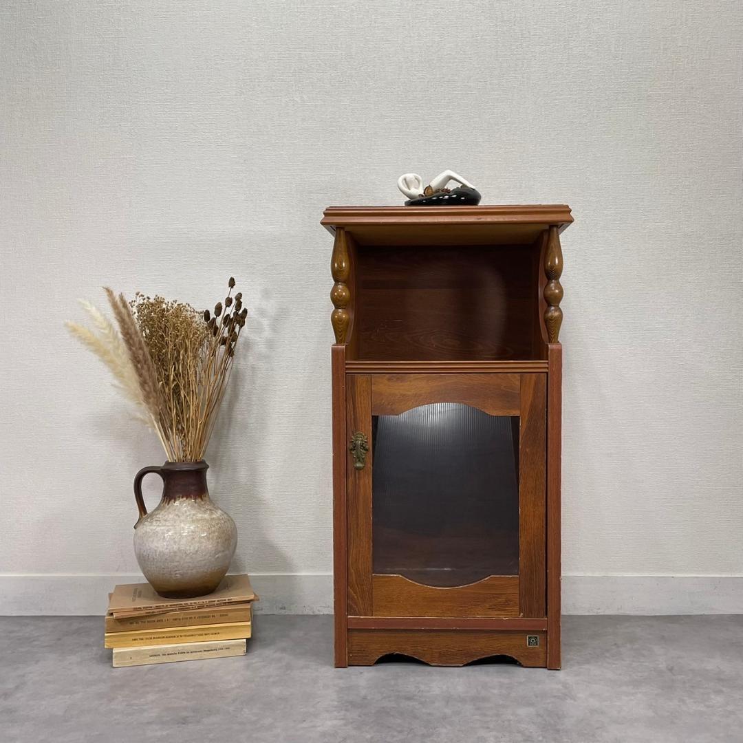 ヴィンテージ 木製 電話台 ガラス扉 キャビネット 飾り棚 花台 収納棚 レトロ
