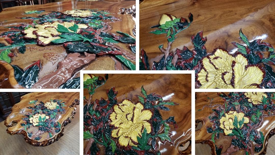 L16　美品！　逸品！　希少！　欅　天然木　無垢　一枚板 　天板　彫刻　ペイント