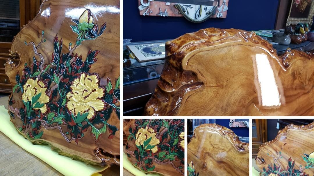 L16　美品！　逸品！　希少！　欅　天然木　無垢　一枚板 　天板　彫刻　ペイント