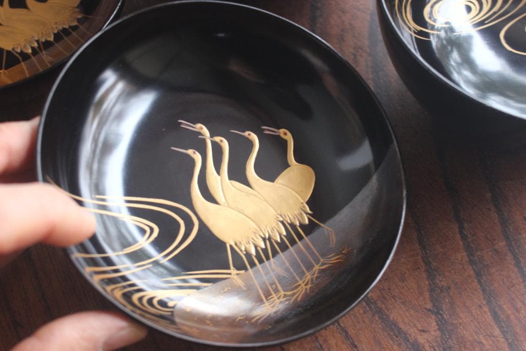 時代逸品！端正な黒漆に優美な光琳鶴蒔絵の映えるお椀2点（検輪島塗蒔絵椀