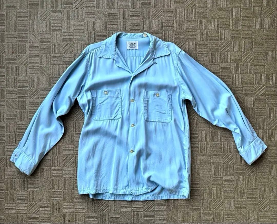 60s ARROW 淡ブルー レーヨンギャバジンシャツ　usa製　ヴィンテージ