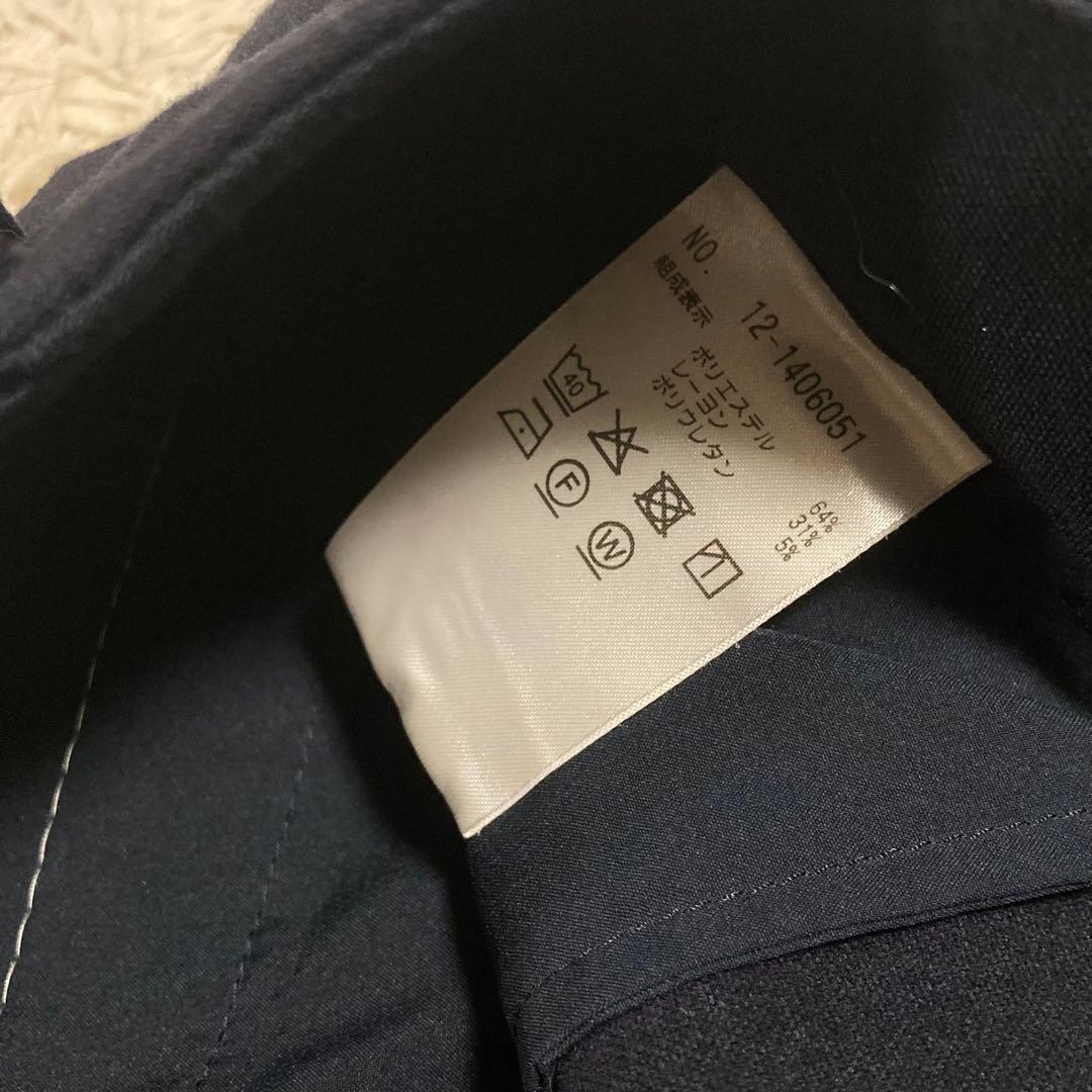 PLST 美品【洗濯機で洗える】ノーカラー ジャケット パンツ 濃紺 ネイビー