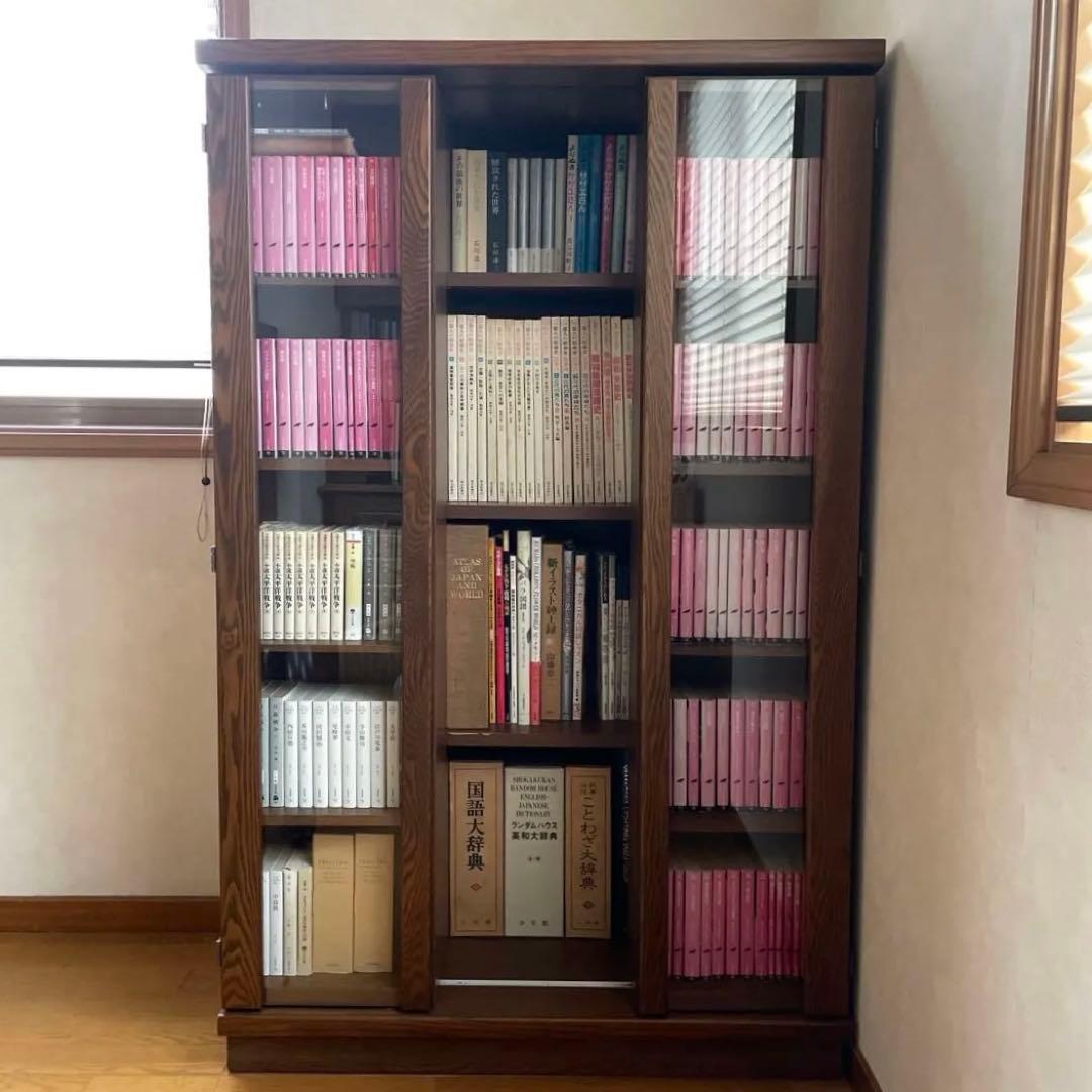 木製 ガラス付き 本棚 スライド式 ブックシェルフ キャビネット