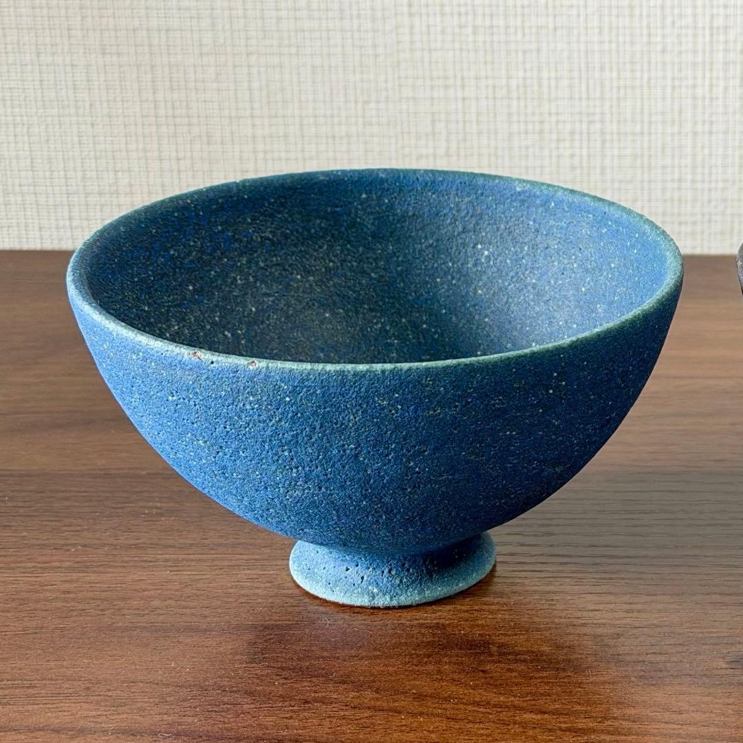 【中国地方ギャラリー購入】作家物 抹茶碗 落款あり 青釉 現代陶芸 茶道