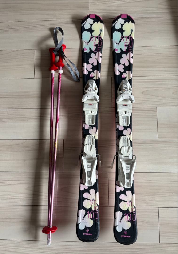 【ストック付き】STREULE100cmビンディング付きスキー板　女の子