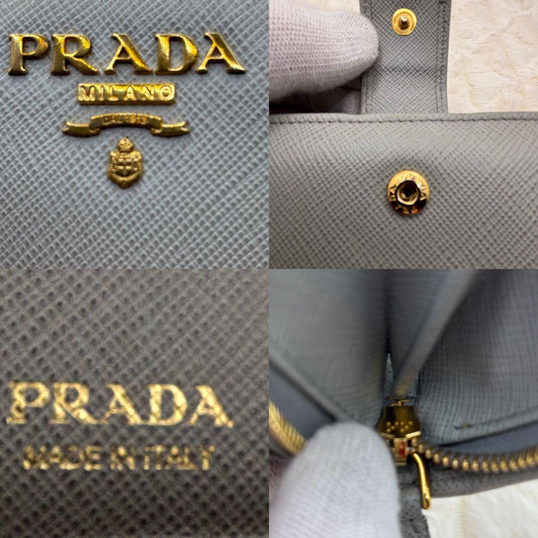 美品　プラダ✨グレー　サフィアーレザー　二つ折り　L字ファスナー　ICチップ内蔵