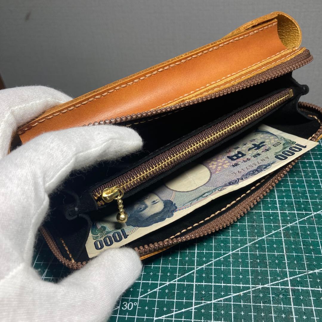 ハンドメイド　レザー スマホ入れ付き財布 キャメル