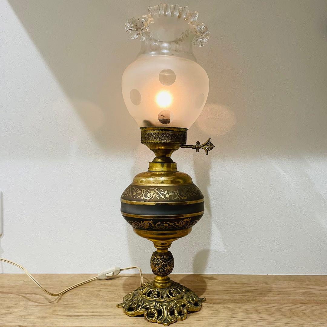 大型 アンティーク スタンドランプ フリル シェード 真鍮製 高さ58cm