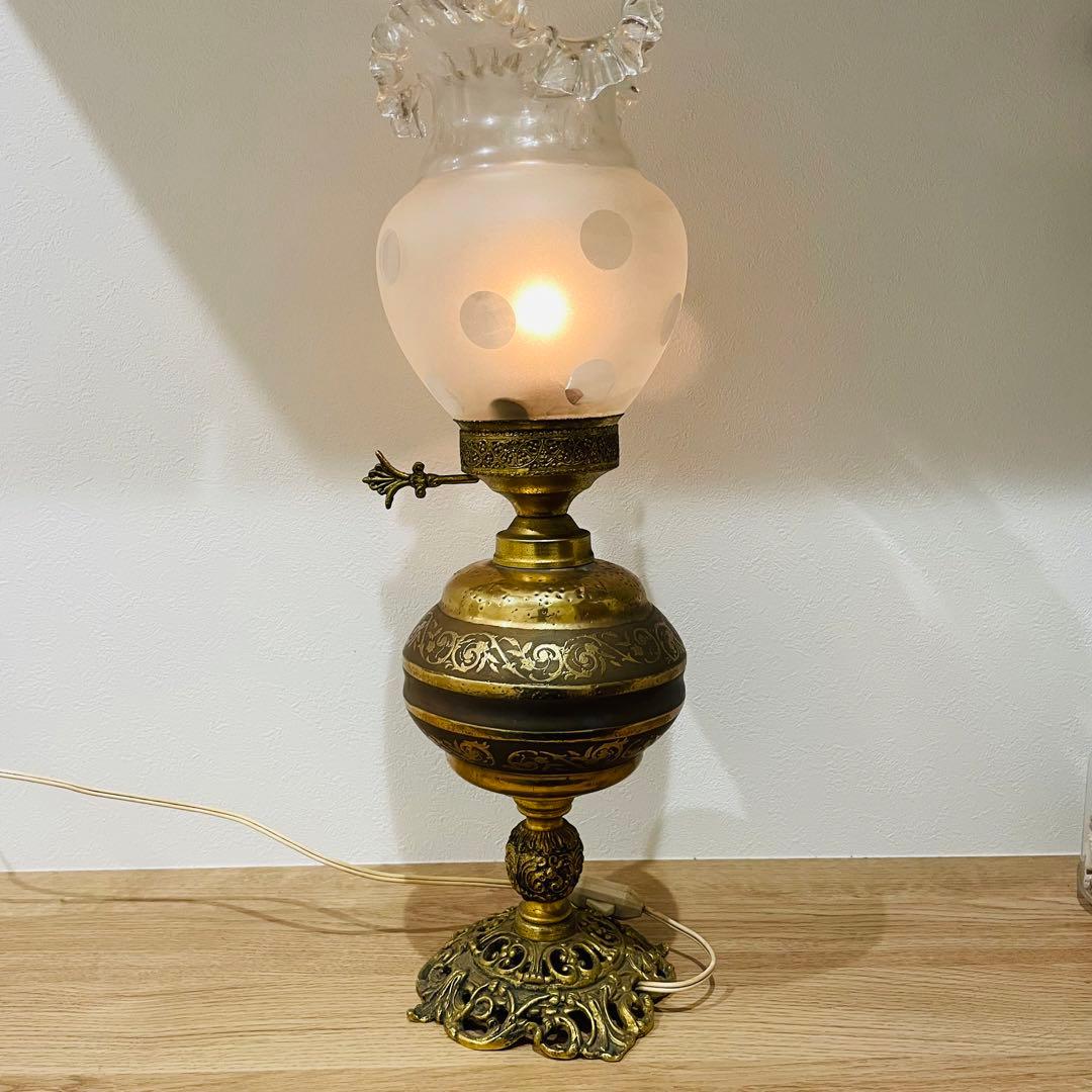 大型 アンティーク スタンドランプ フリル シェード 真鍮製 高さ58cm