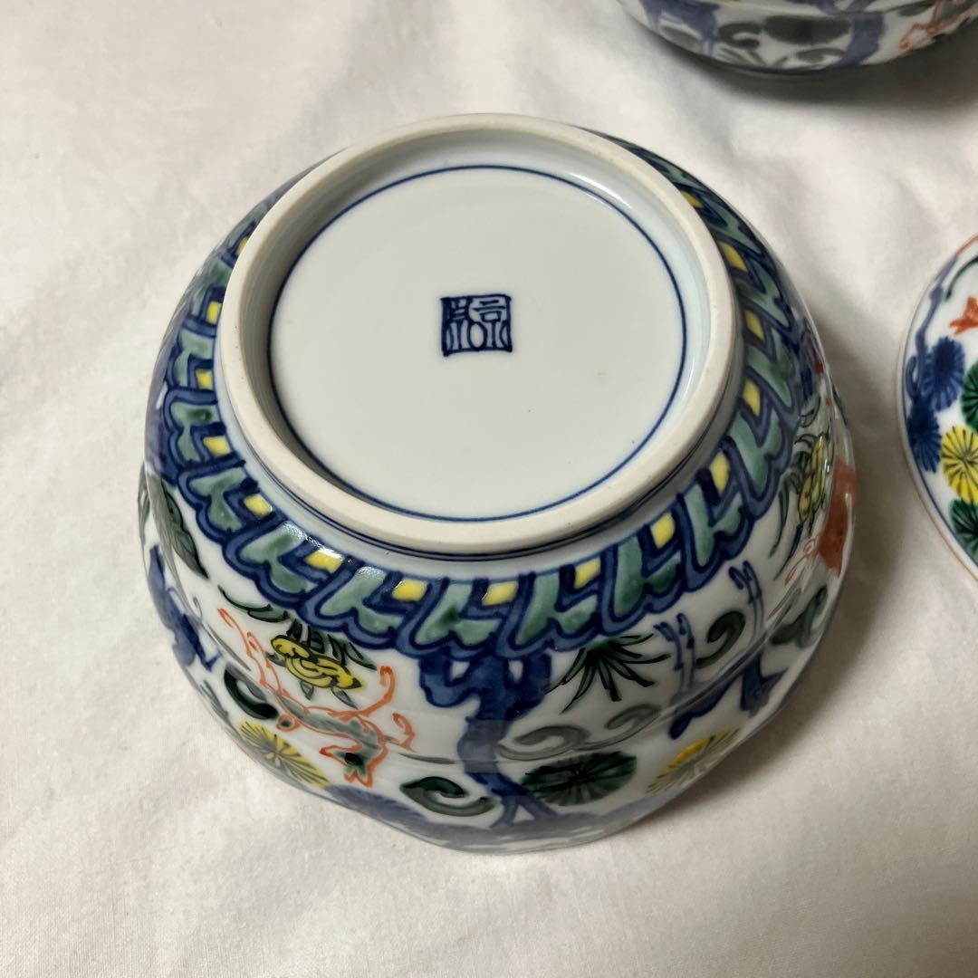 平安京泉　向付　５客　色絵　松鹿文　蓋向付