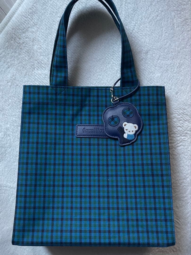 familiar 青チェック バッグ 小　ファミリア　トートバッグ