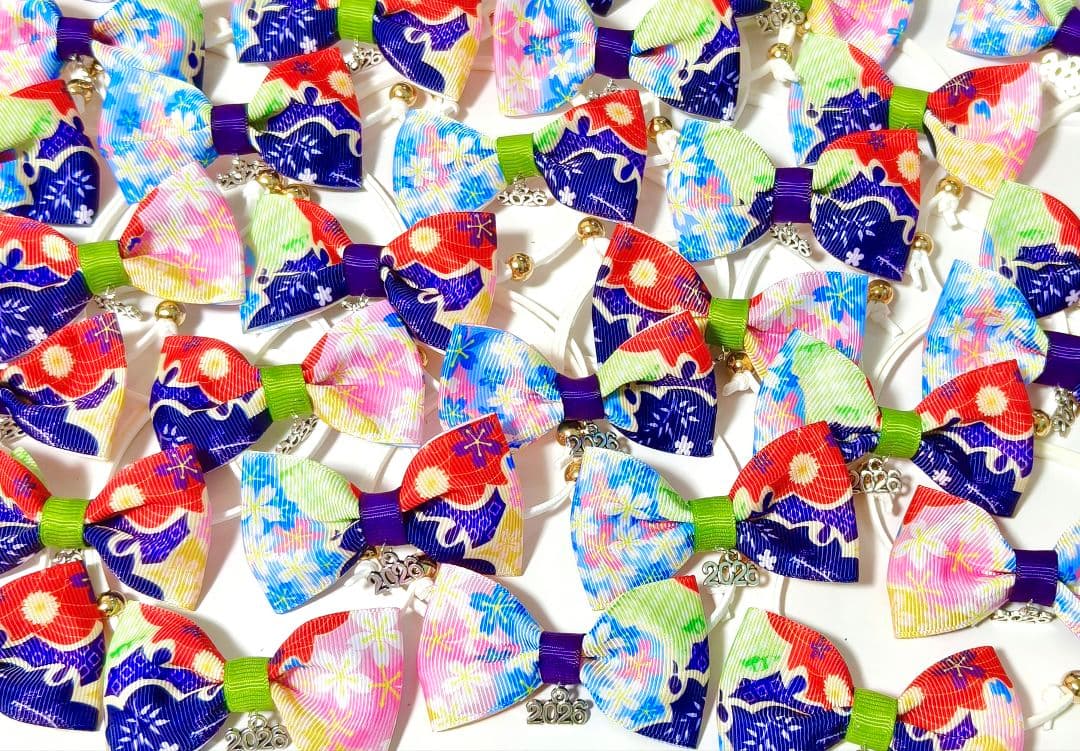 業務用トリミングチョーカー　和柄リボン　お正月　2026年　白くま　雪の結晶