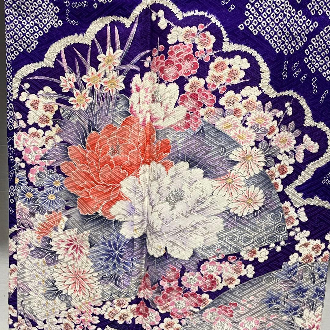 D858 振袖　絞り　花模様　正絹　着物　袷　極美品