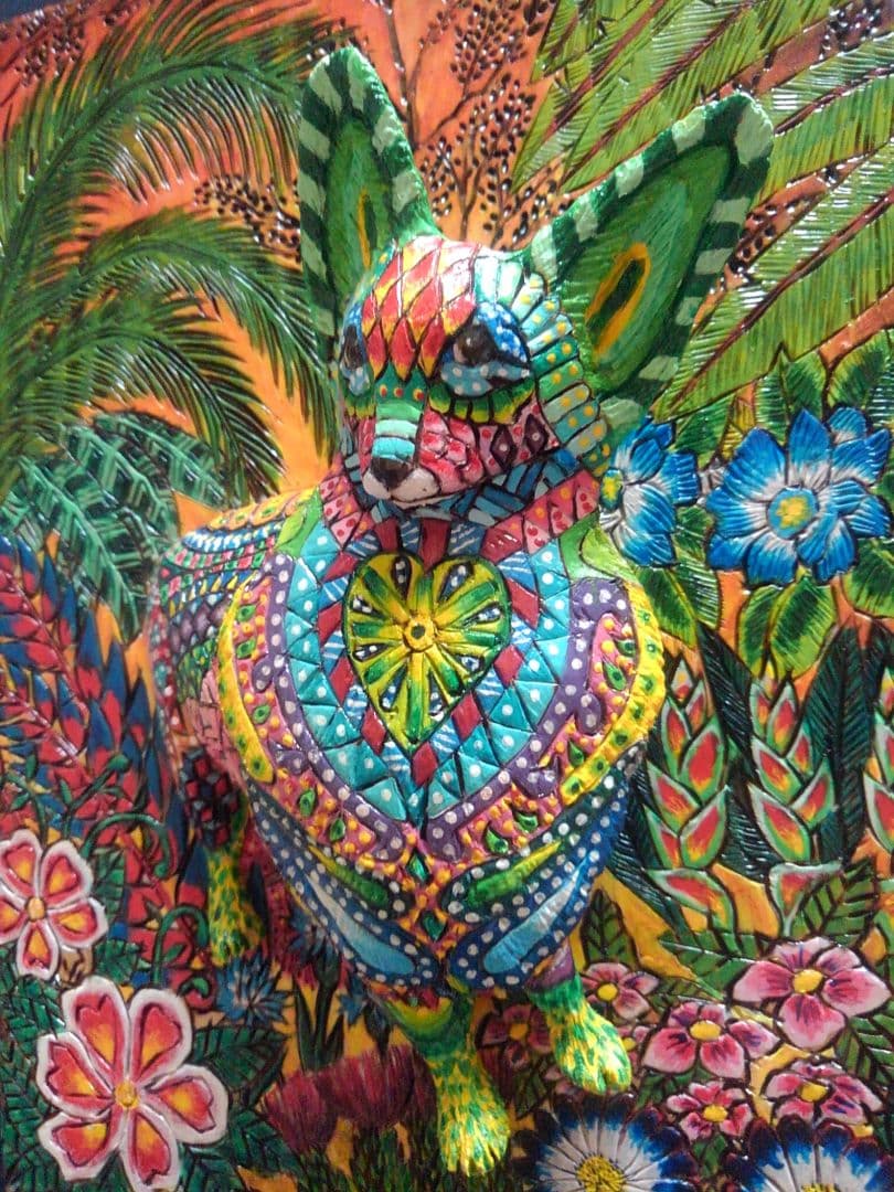 木彫りのアレブリヘ風 コーギーの3D壁掛け