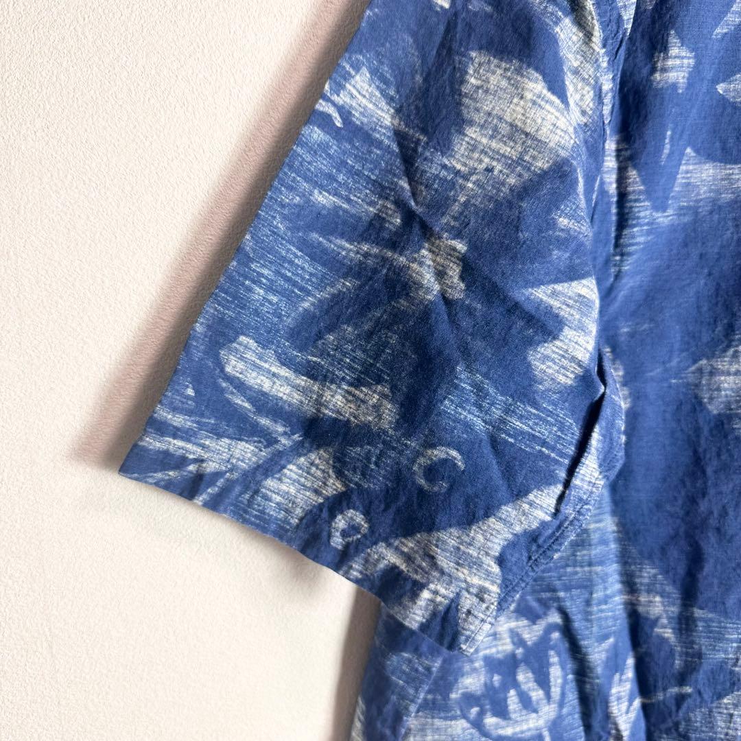 45R 半袖シャツ　XLサイズ相当 大きいサイズ　インディゴ　洗える　総柄　青