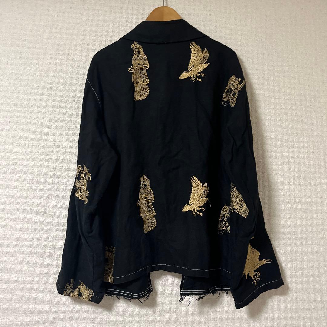 Leh レー 刺繍入り リネン ウエスタンジャケット 黒金 L