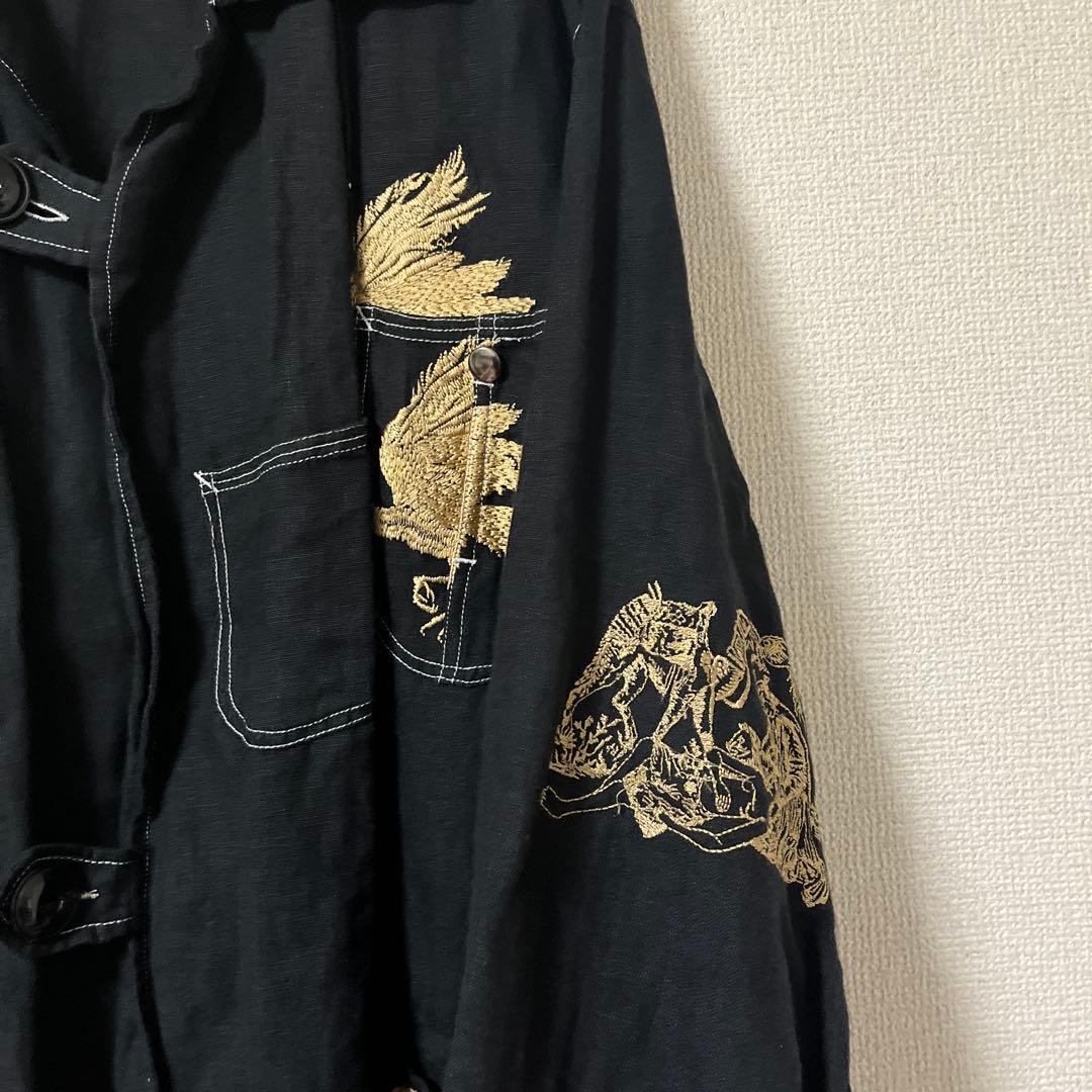 Leh レー 刺繍入り リネン ウエスタンジャケット 黒金 L