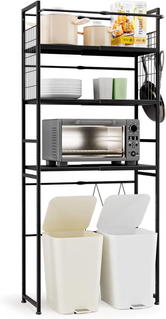 ゴミ箱上ラック 幅56～84cm伸縮 キッチン棚　ブラック