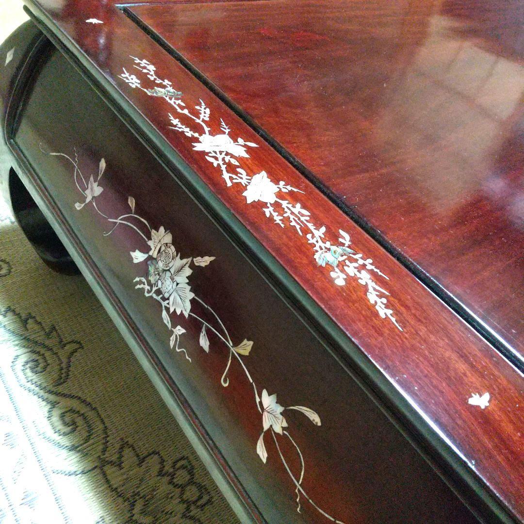 螺鈿 木製座卓 テーブル 花柄 引き出し付 アジアン