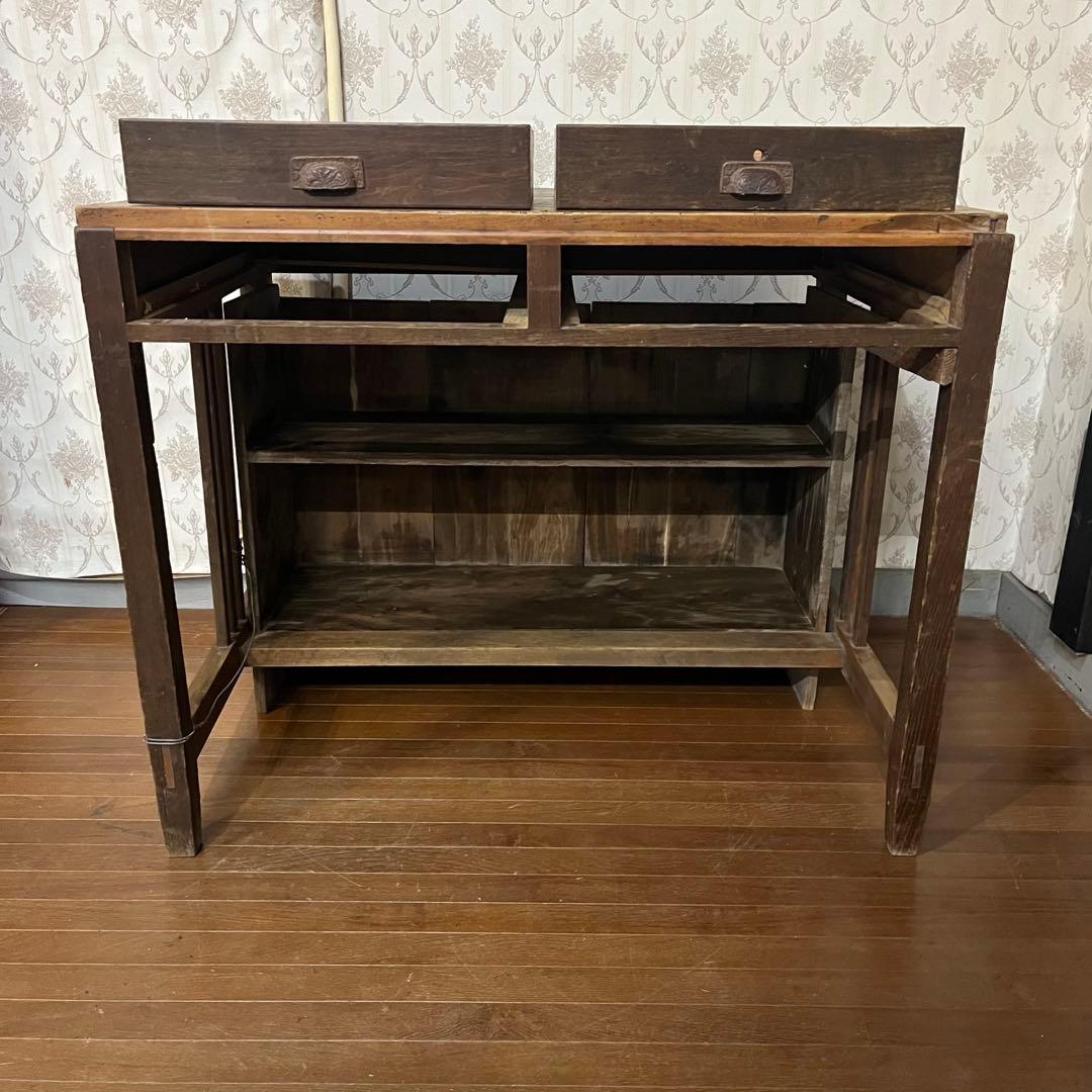 【アンティーク】木製 学習机 勉強机 デスク 2杯 小引出し 昭和レトロ 古家具