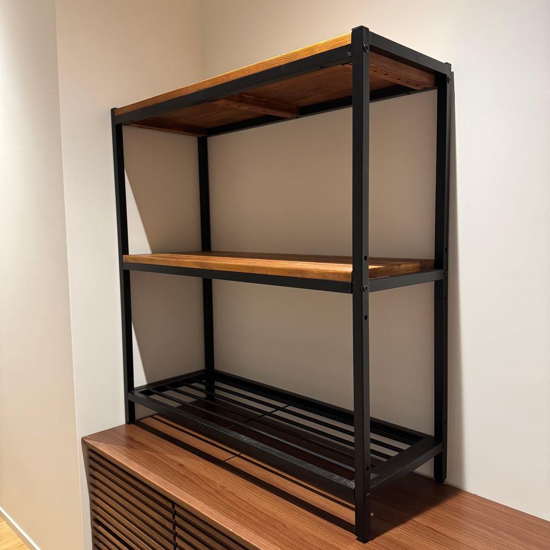 ウッド（天然木無垢材） × アイアン ラック 3段 オープンシェルフ 収納棚