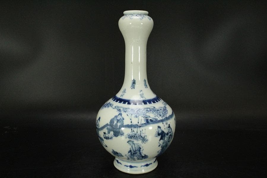 中国美術 青花 人物紋 瓶 高27cm 朗吟閣製 款(HA370)