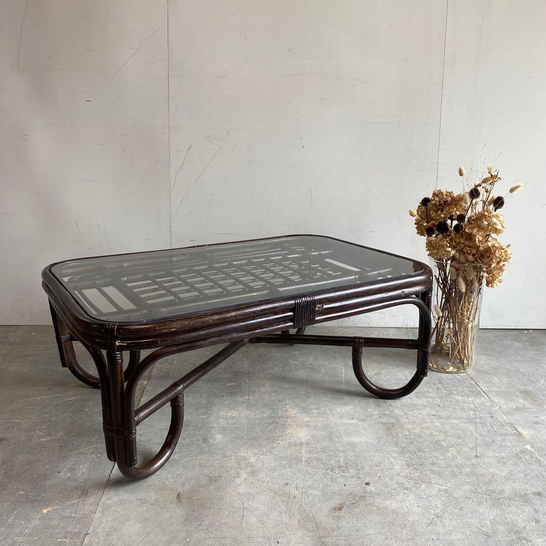 ヴィンテージ ラタン ガラス テーブル 籐 モダン 昭和レトロ z423