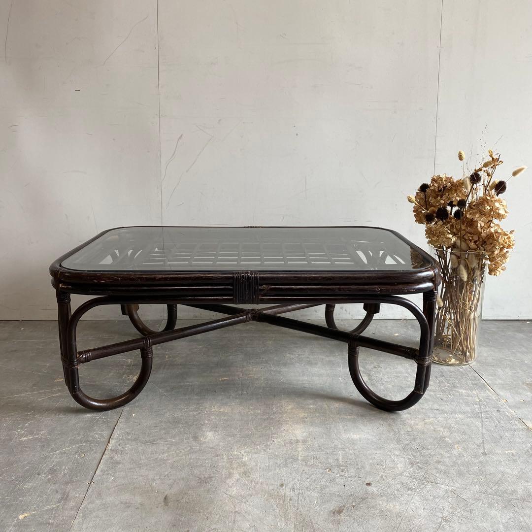 ヴィンテージ ラタン ガラス テーブル 籐 モダン 昭和レトロ z423