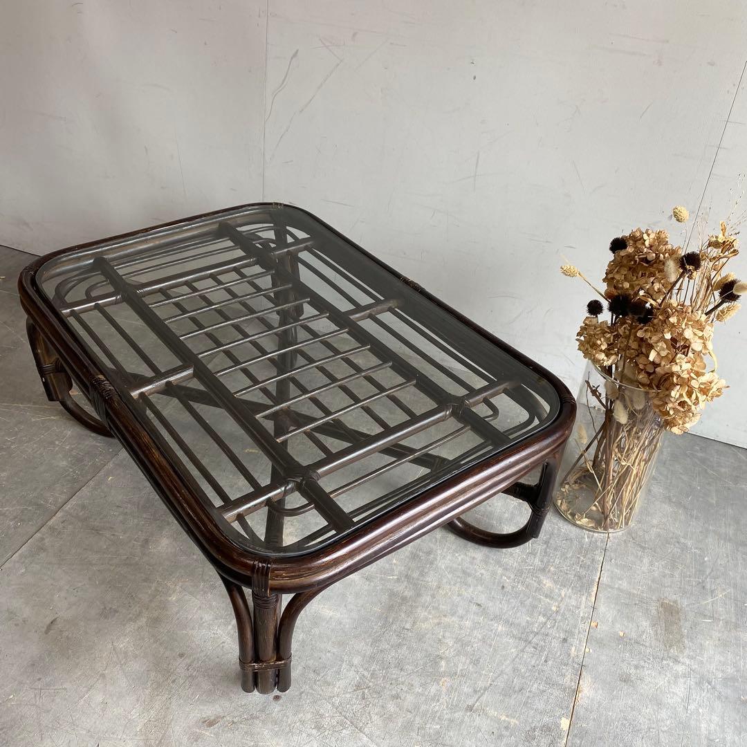 ヴィンテージ ラタン ガラス テーブル 籐 モダン 昭和レトロ z423