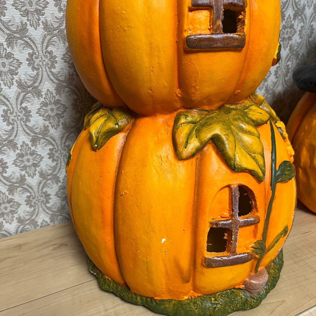 ハロウィン　パンプキン　ガーデン用　2段カボチャ　オブジェ　置物　陶器