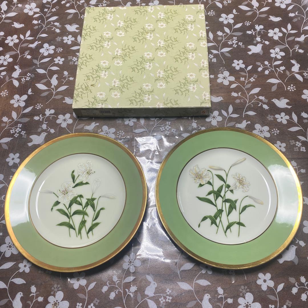 最高級　深川製磁　君島一郎デザイン　 グリーン百合　ミート皿2枚（箱付）