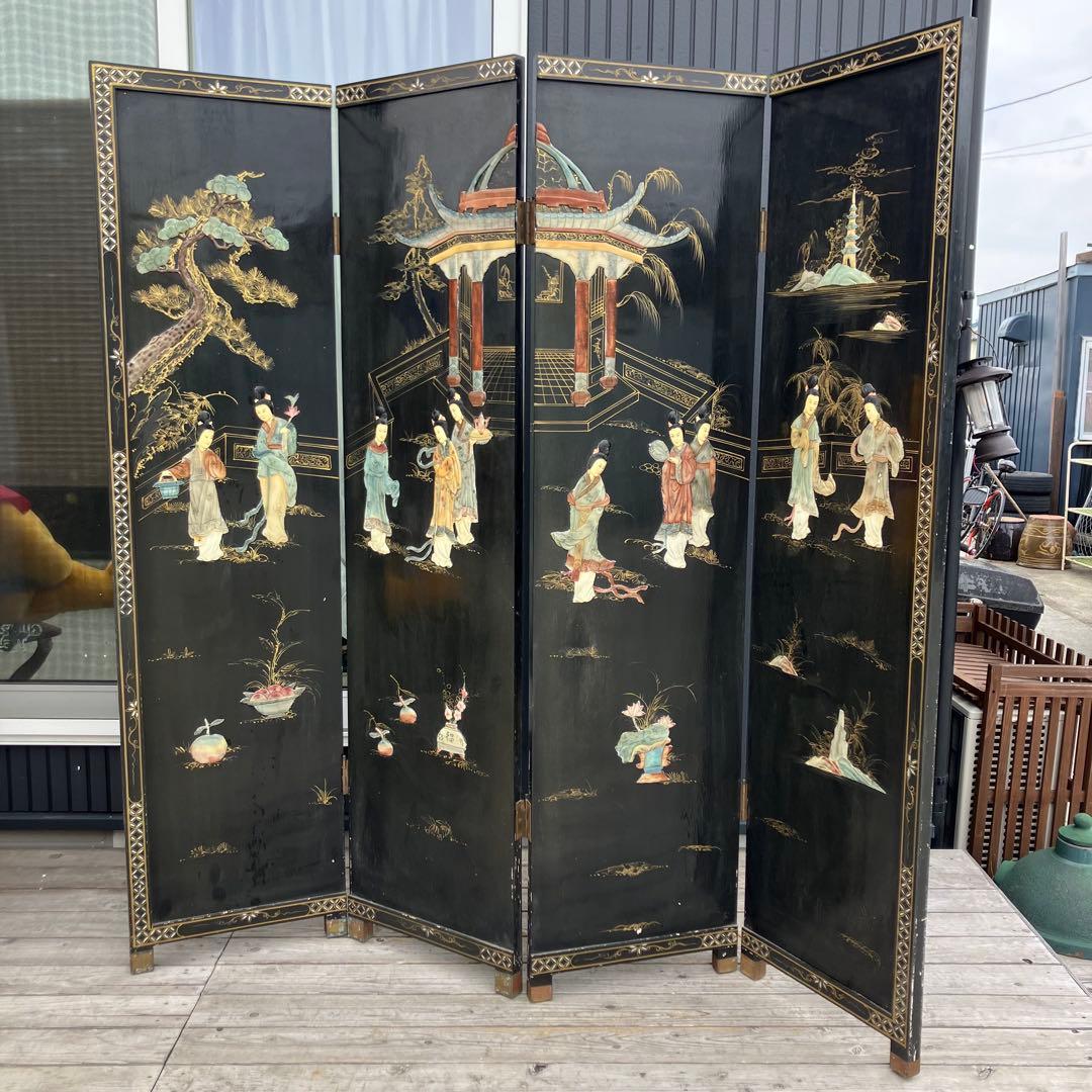 中国骨董 螺鈿細工 女性 古典画装飾彫り 木製 4連パーテーション 衝立 屏風