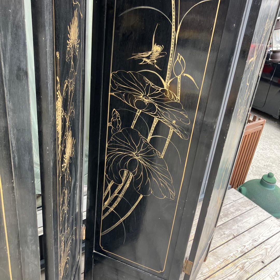 中国骨董 螺鈿細工 女性 古典画装飾彫り 木製 4連パーテーション 衝立 屏風