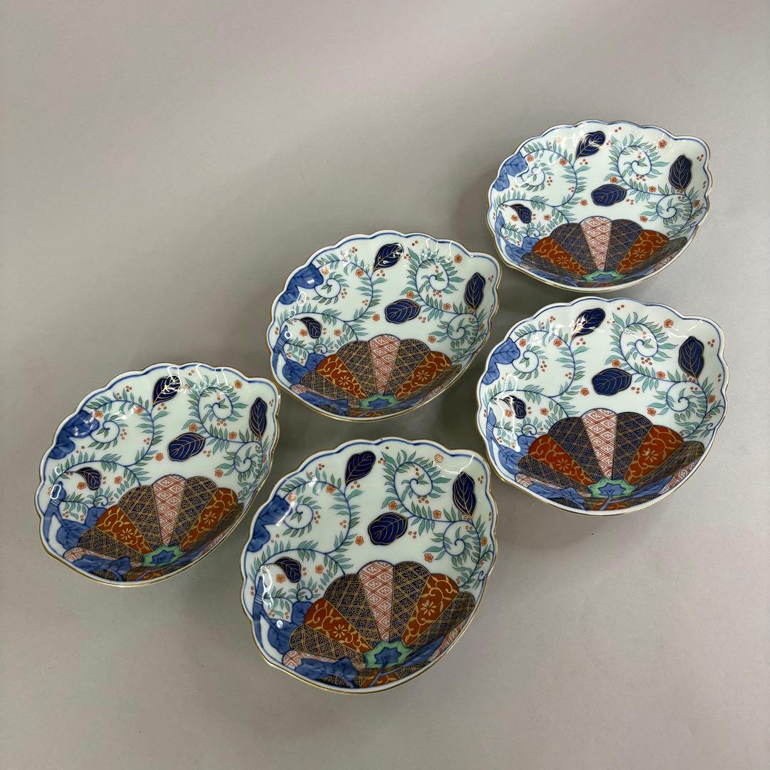 美品 有田焼 賞美堂 其泉 金彩色絵菊花唐草 鮑型 小皿 取皿 5客セット