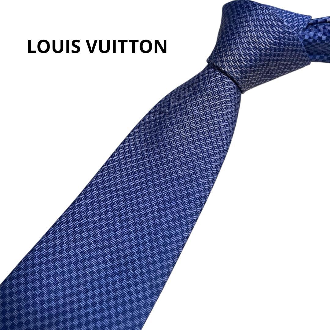 ルイヴィトン ネクタイ　マイクロダミエ　ブルー　ソリッドタイ