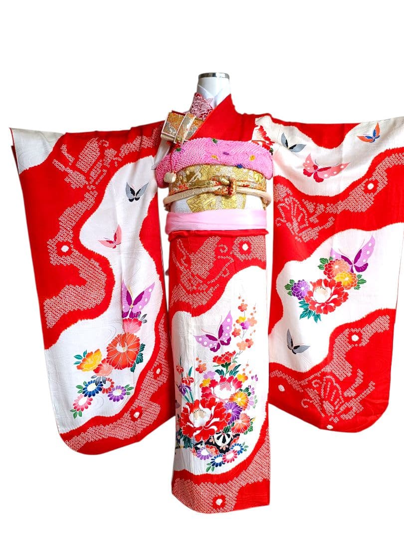 正絹★赤系部分絞り着物と作り帯フルセット