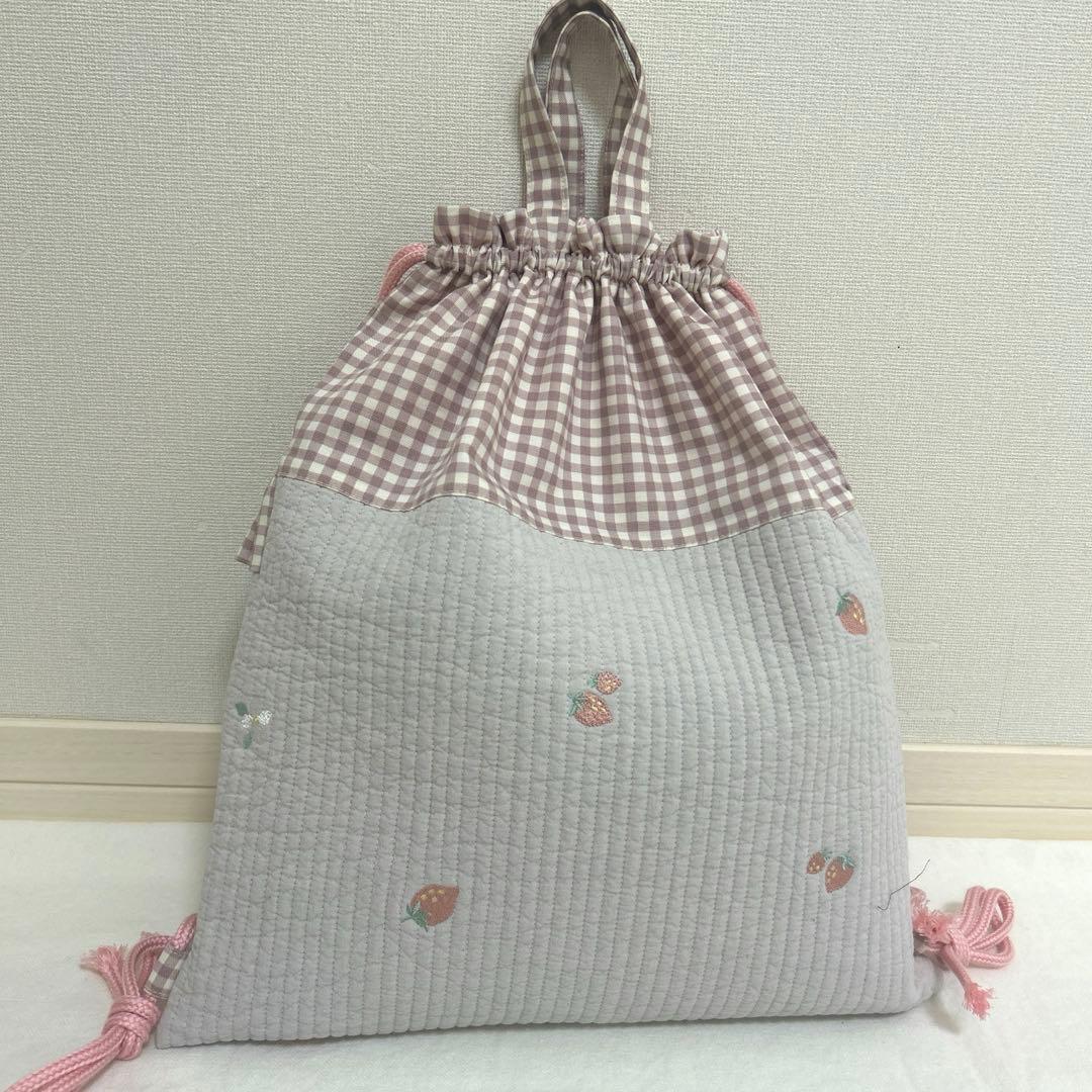 入園入学3点セット　【いちごベージュヌビ×くすみピンクチェック】　女の子