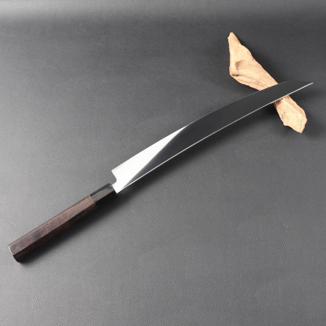 10968鬼反り先丸包丁尺二鏡面仕上げ刺身包丁 刃は究極の切れ味黒檀黒水牛八角柄