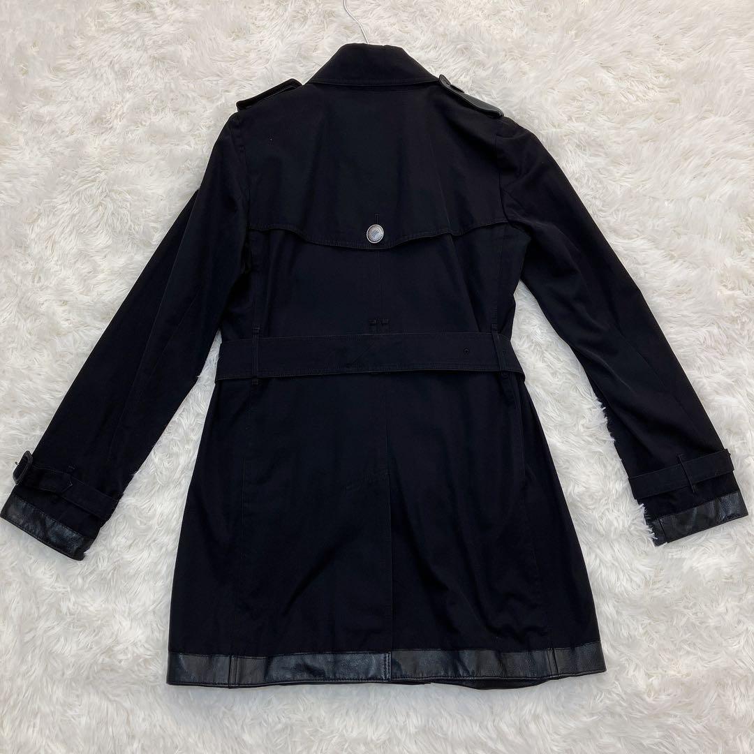 美品　バーバリーロンドン　ダブル　トレンチコート　メガチェック　レザー　ブラック