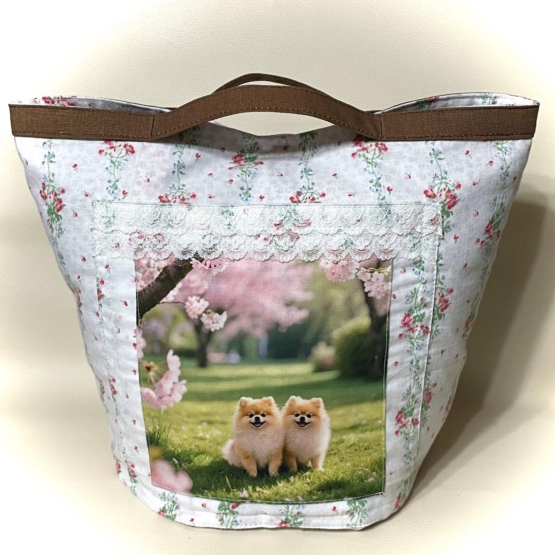 桜の散歩道ポメラニアン♡レースが彩る清楚なお花のコンビニエコバッグ