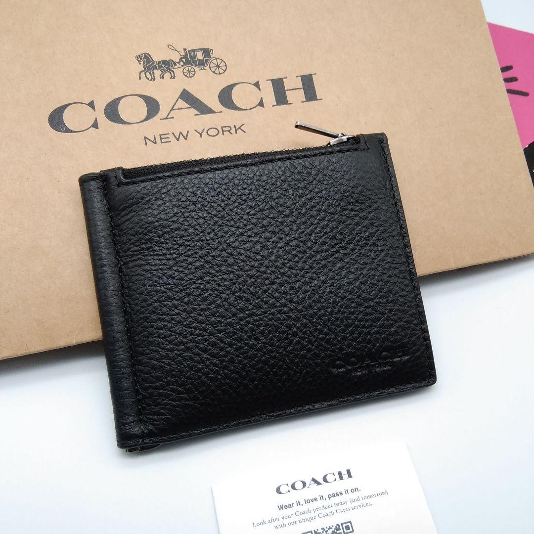 新作　COACH　マネークリップ　折り財布　メンズ　小銭入れ付き