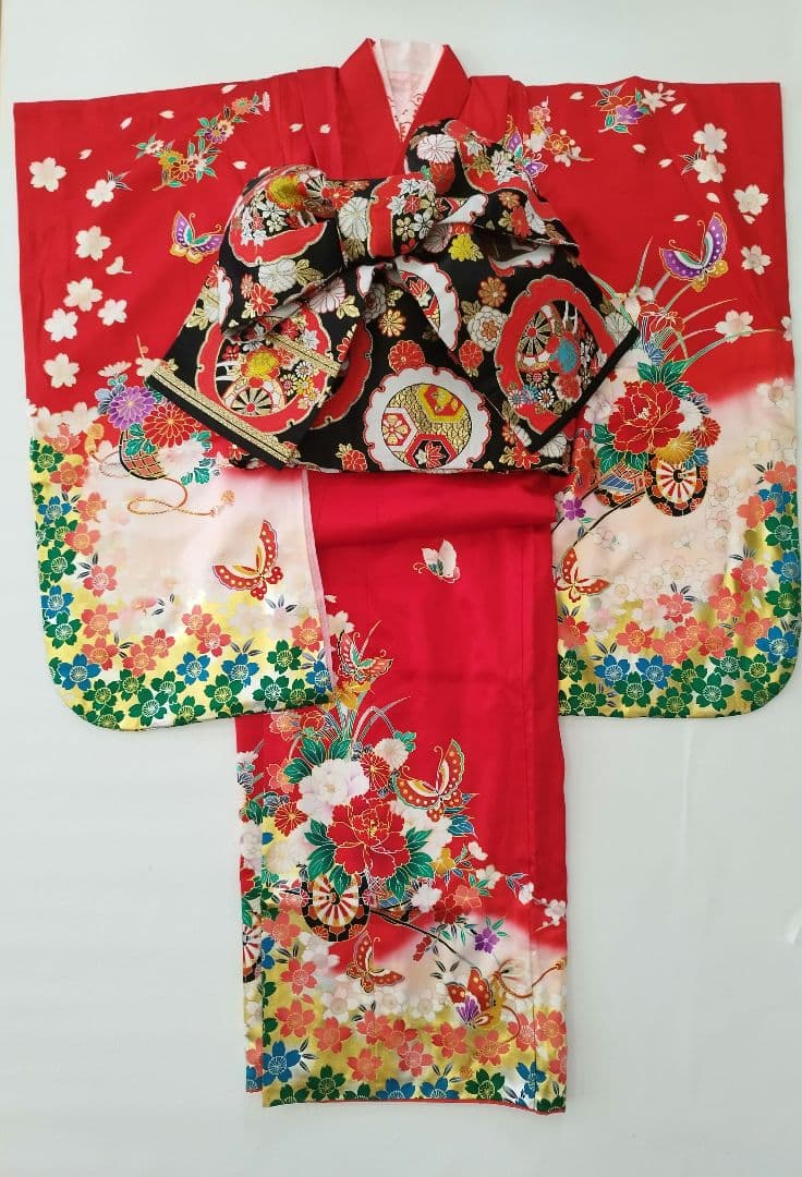 桜柄 7歳着物 七五三祝い着【美品・正絹】つくり帯セット