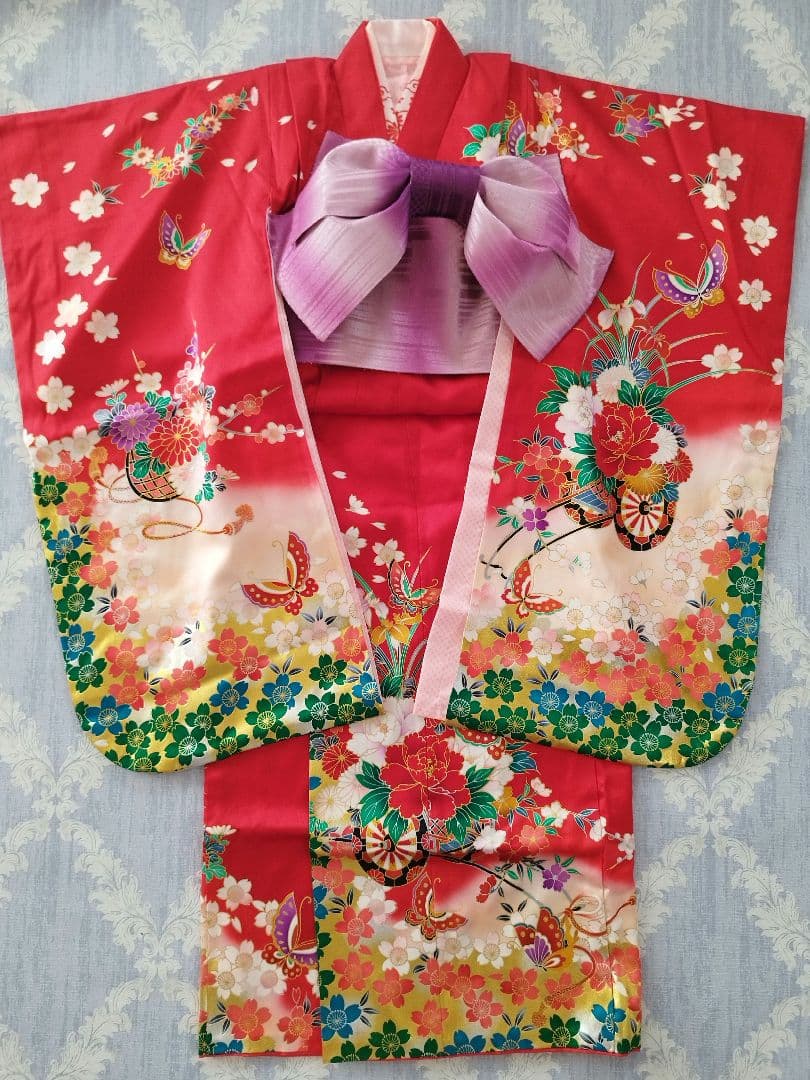 桜柄 7歳着物 七五三祝い着【美品・正絹】つくり帯セット