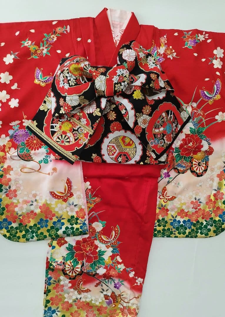 桜柄 7歳着物 七五三祝い着【美品・正絹】つくり帯セット