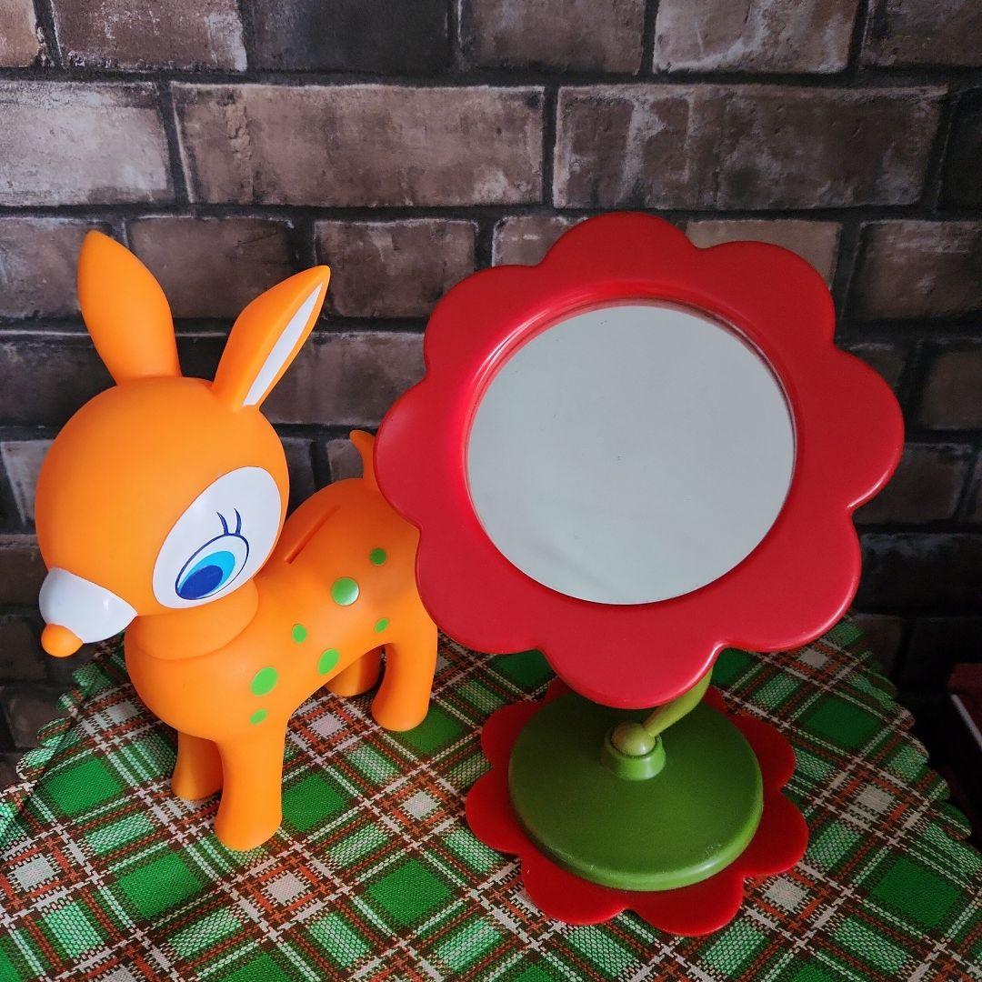 ☘️昭和レトロポップ☘️オレンジ色の子鹿貯金箱&フラワーミラー